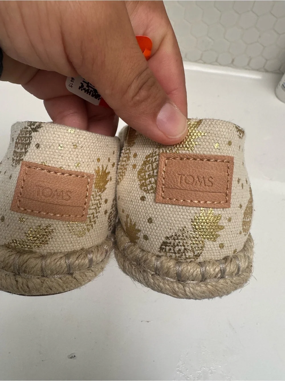 TOMS Cream Espadrille Slip-Ons with Metallic Gold Pineapple Motif